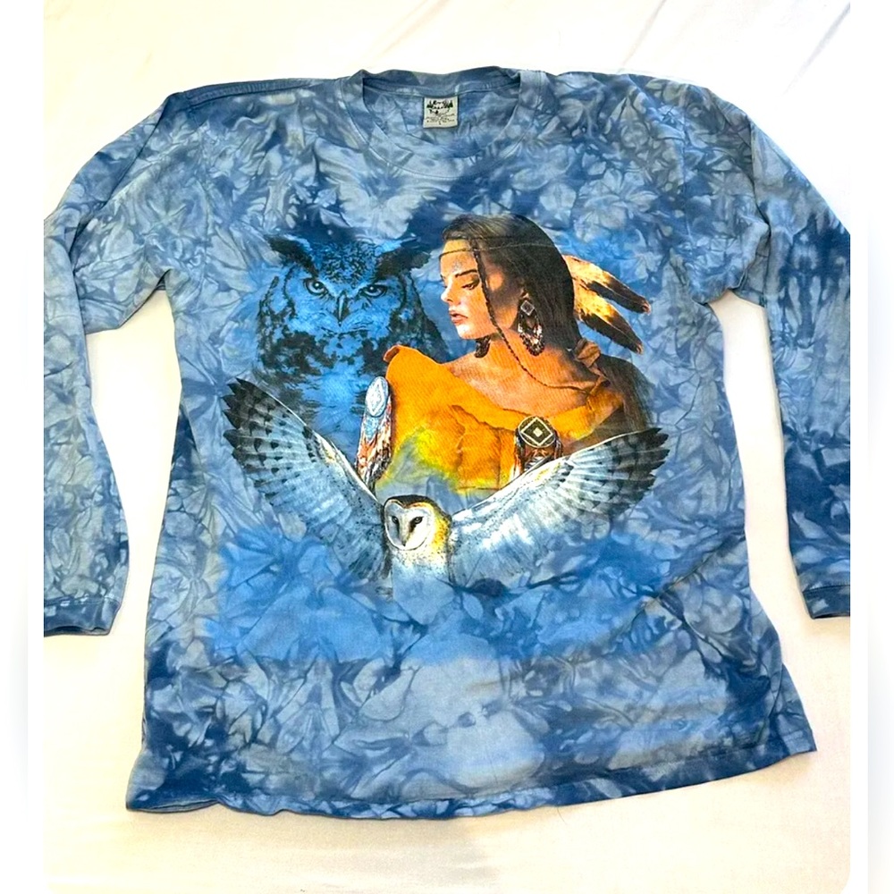 Vintage Printed USA  Indian Women Size Large Long sleeve T shirt ￼Tie Dye